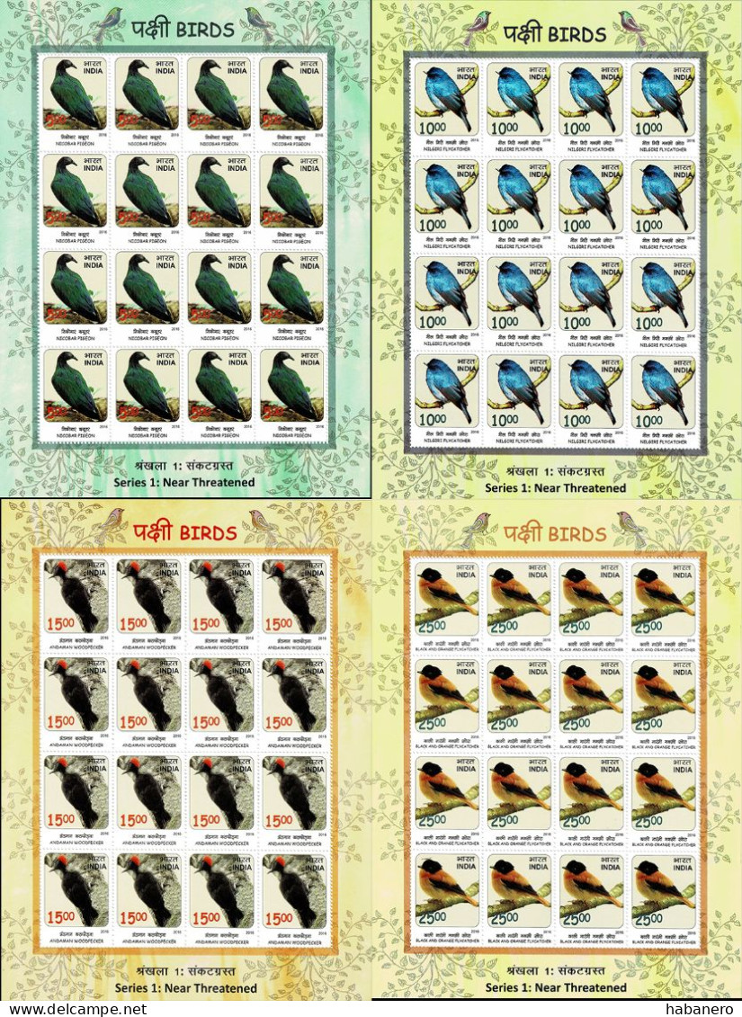 INDIA 2016 Mi 3009-3012 BIRDS 4 X MINT FULL SHEETS ** - Blokken & Velletjes