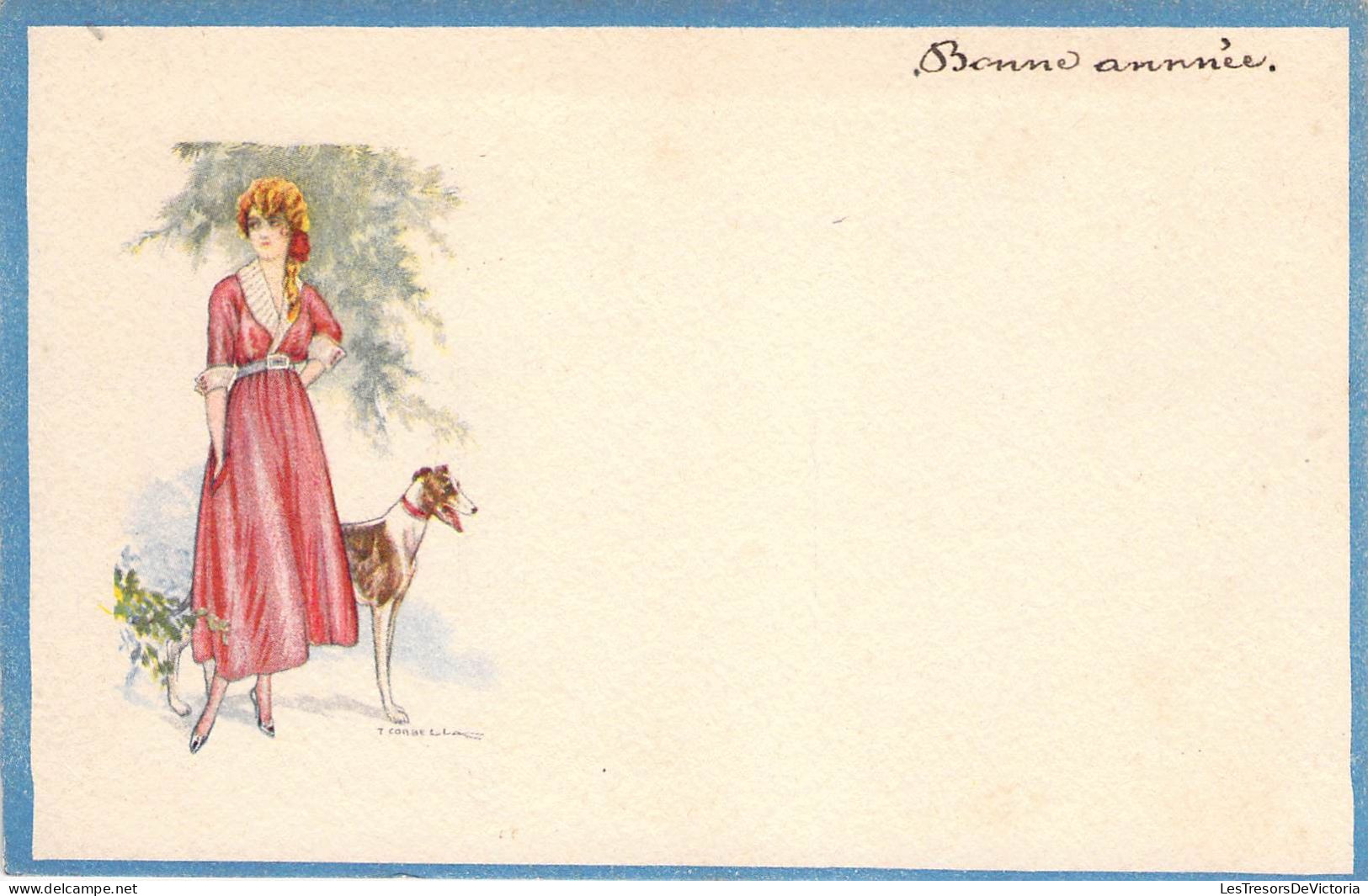 Illustrateur - Corbella - Femme Avec Chien - Bonne Année   - Carte Postale Ancienne - Corbella, T.