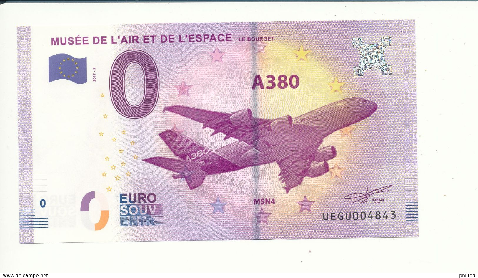 Billet Souvenir - 0 Euro - UEGU - 2017- 2 - MUSÉE DE L'AIR ET DE L'ESPACE LE BOURGET - A380 - N° 4843 - Billet épuisé - Lots & Kiloware - Banknotes