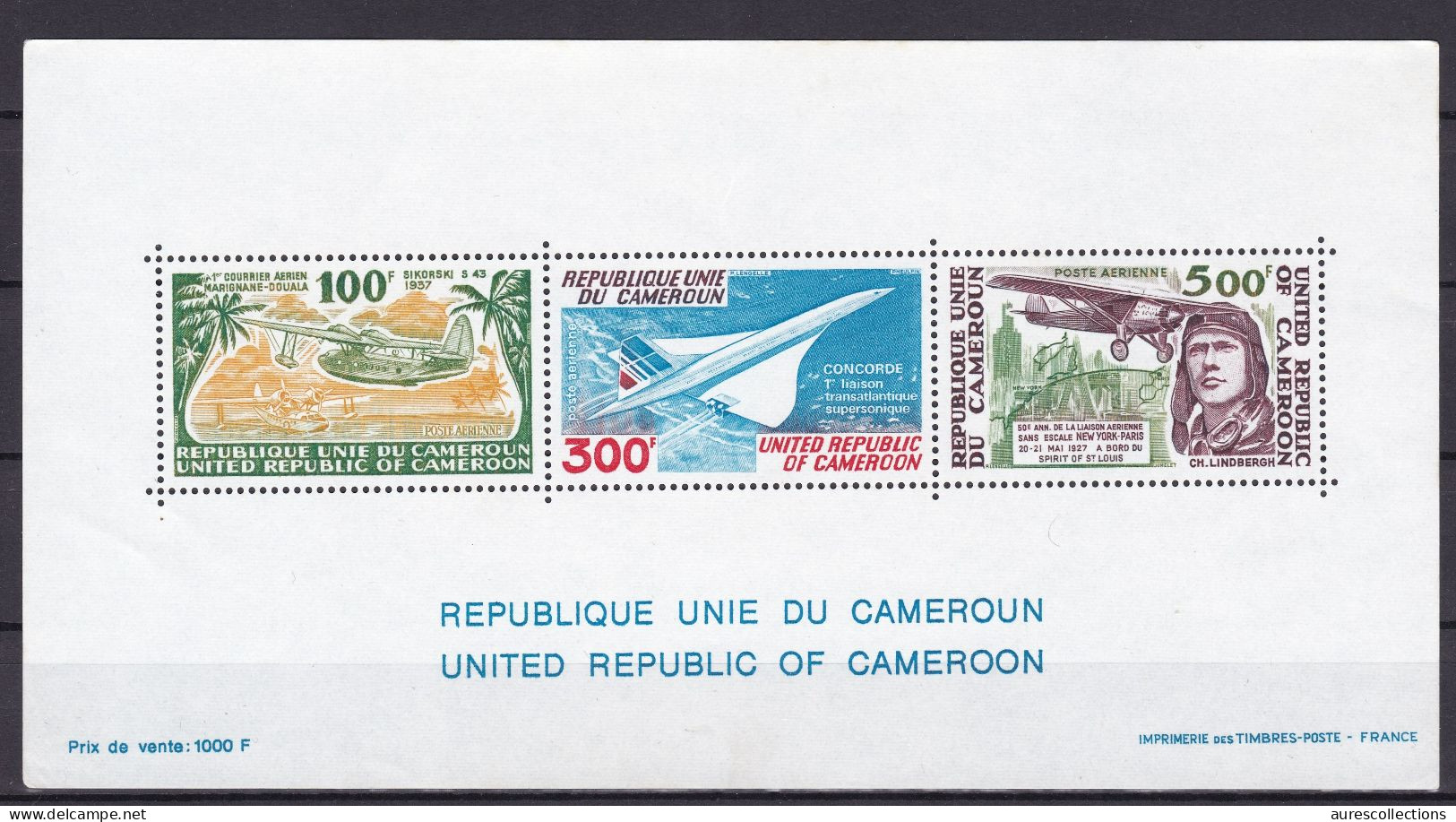 CAMEROON CAMEROUN 1977 BLOC SHEET PA - AVIATION CONCORDE LINDBERGH - MNH - Cameroun (1960-...)
