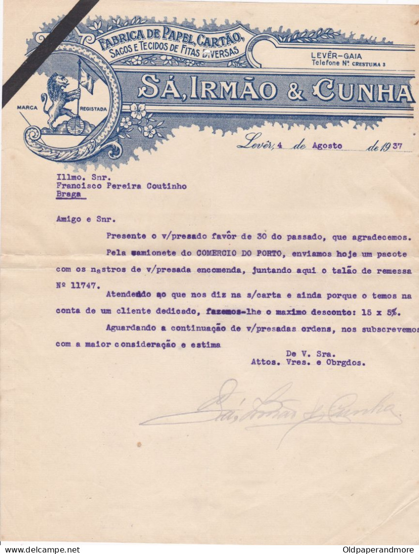 PORTUGAL COMMERCIAL DOCUMENT  - LEVÊR - VILA NOVA DE GAIA - 1937 - Portugal