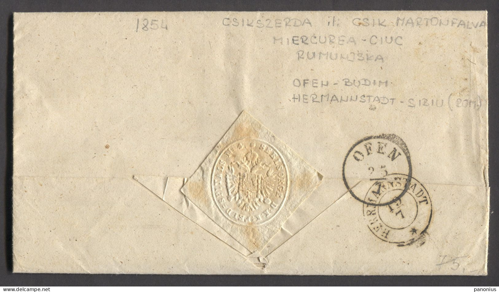 Romania - Csik Martonfalva / Csik Szereda, Prephilately Cover Feld Spital Year 1854. For Budim, Transit Seal Hermannstad - ...-1858 Préphilatélie