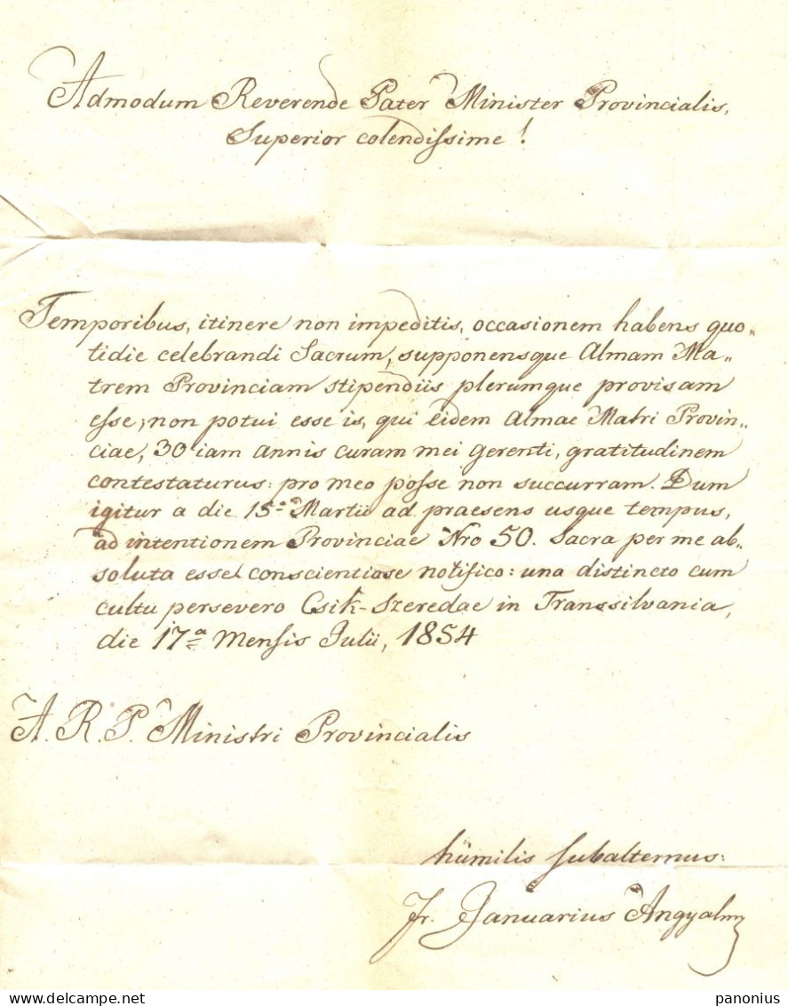 Romania - Csik Martonfalva / Csik Szereda, Prephilately Cover Feld Spital Year 1854. For Budim, Transit Seal Hermannstad - ...-1858 Prephilately