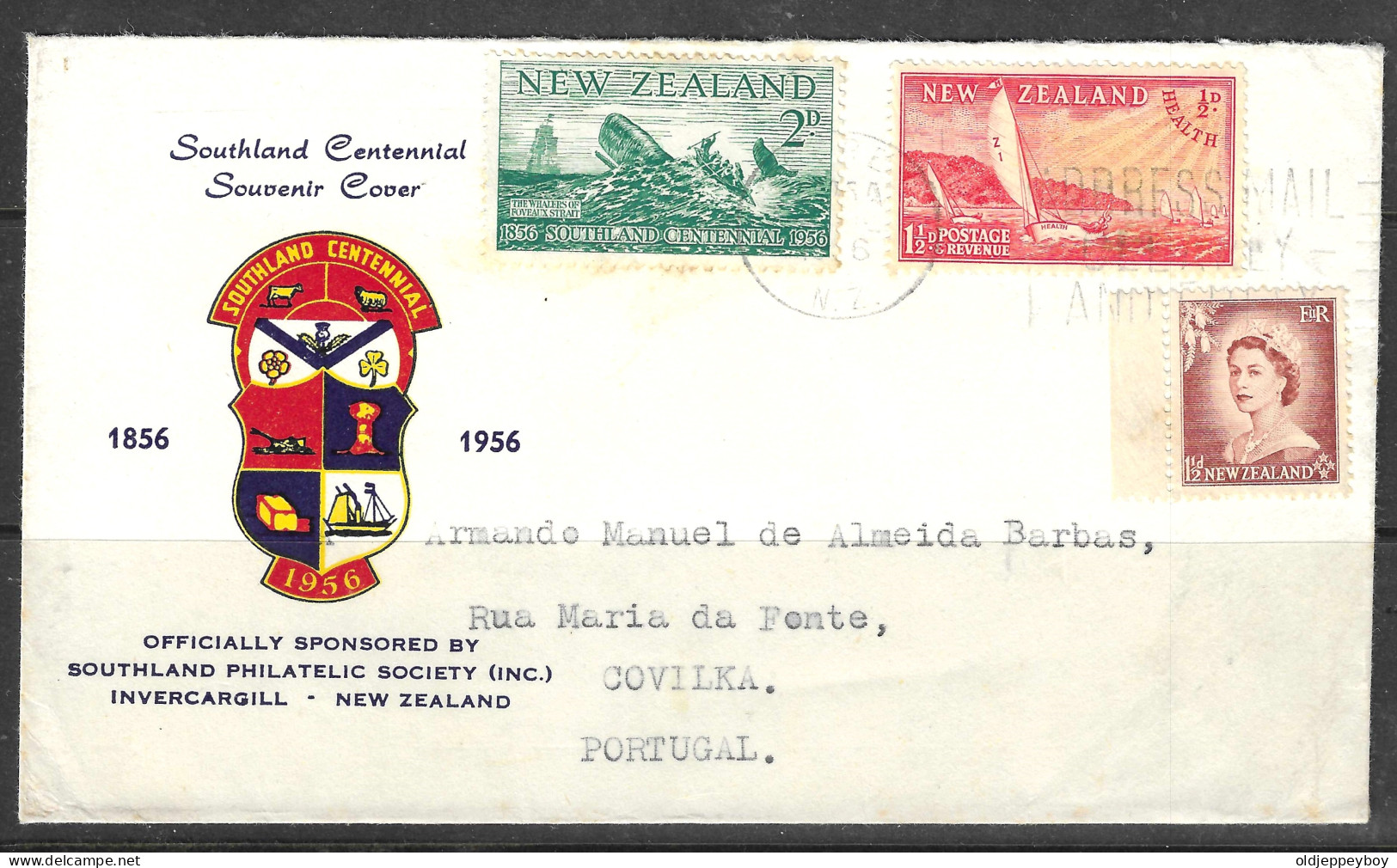 NEW ZEALAND 1956 SOUTHLAND CENTENNIAL FDC COVER TO COVILHA PORTUGAL  - Brieven En Documenten