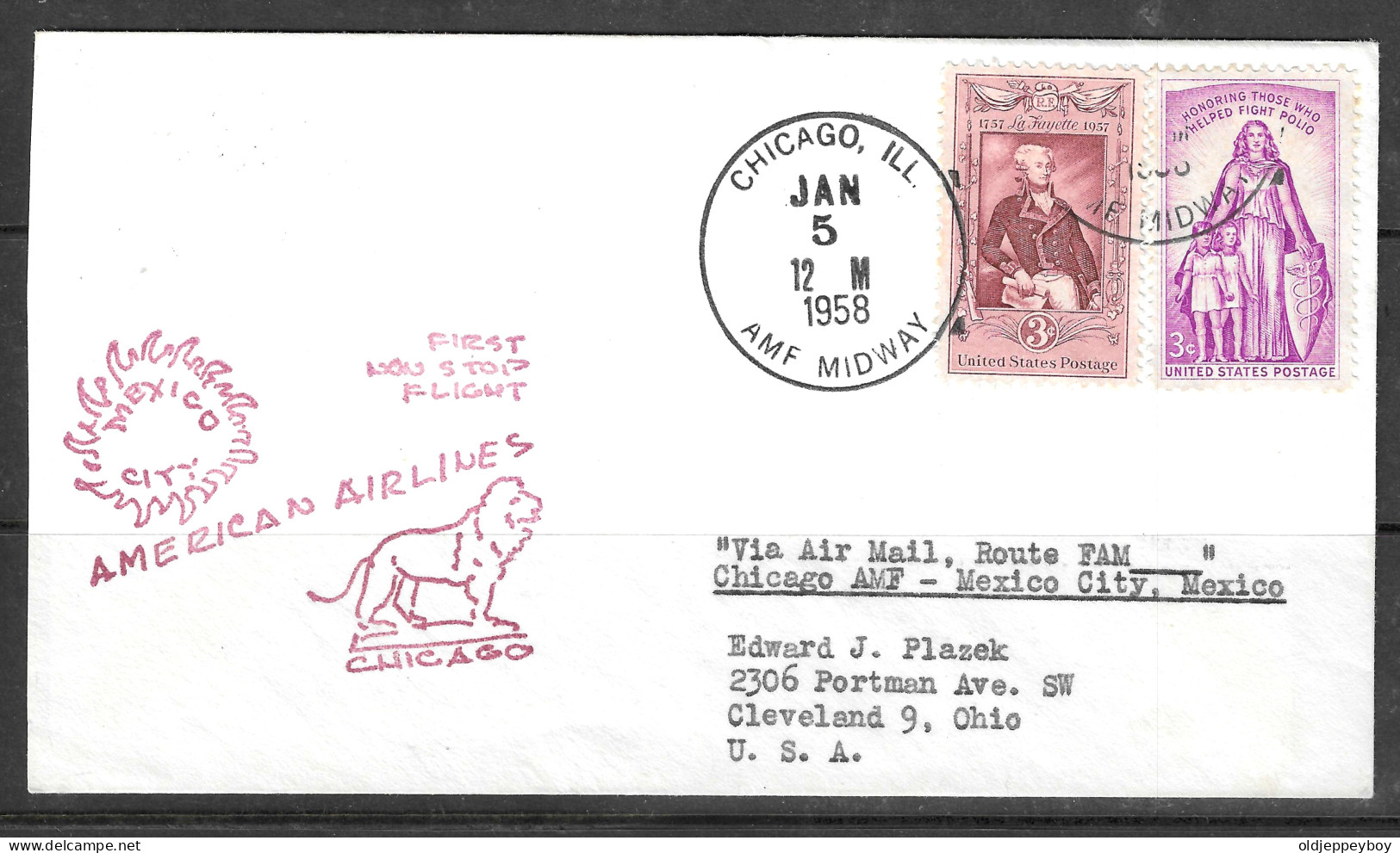 1958 UNITED STATES AMERICAN AIRLINES, RED CANCELLATION FIRST NON STOP FLIGHT CHICAGO AMF TO MEXICO CITY - 1941-60