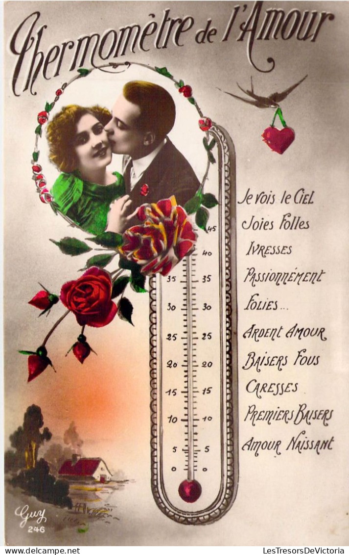 COUPLES - Thermomètre De L'Amour - Couple S'embrasse - Fleur - Carte Postale Ancienne - Paare