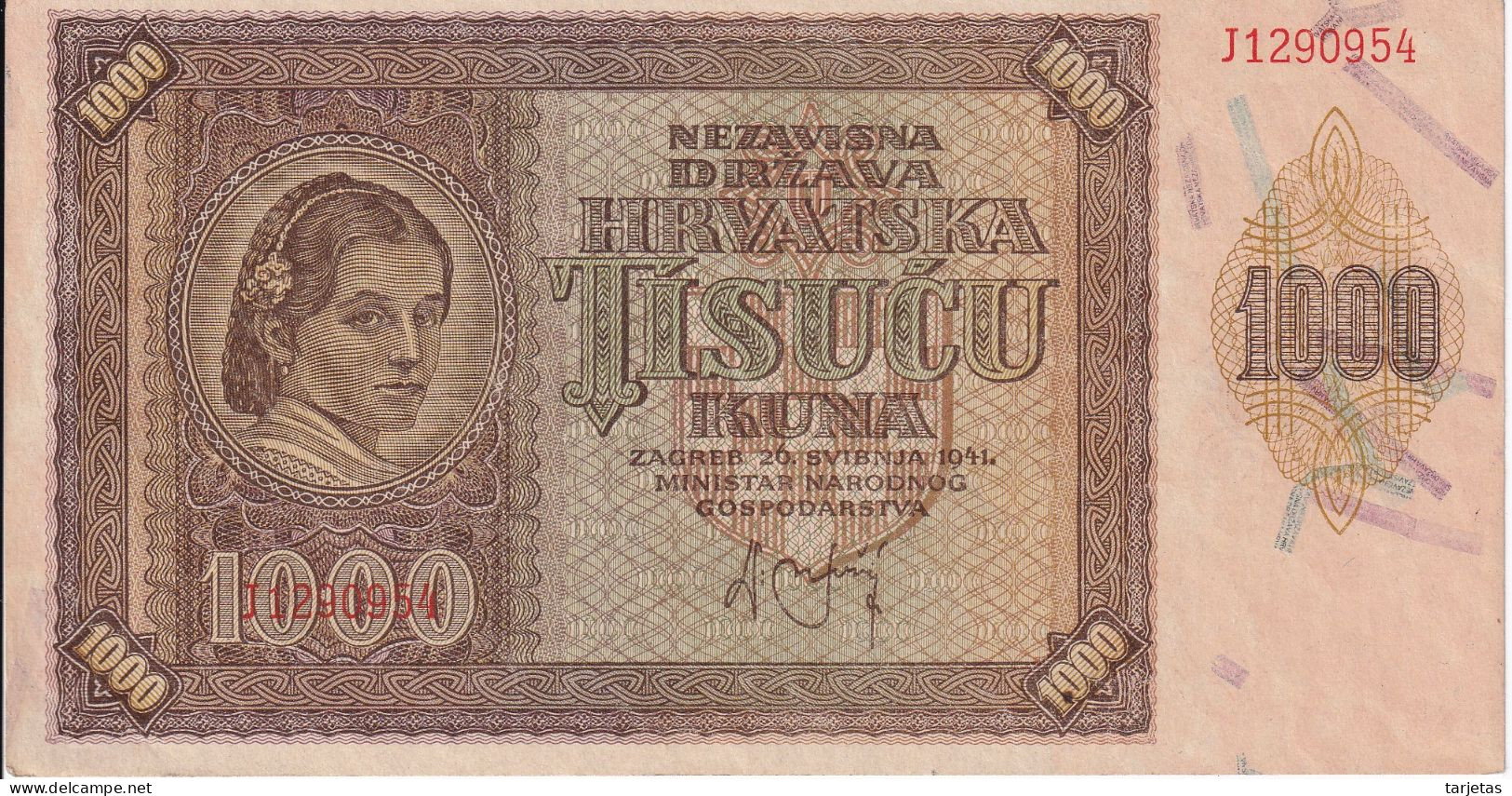 BILLETE DE CROACIA DE 1000 KUNA DEL AÑO 1941 SIN CIRCULAR (UNC) (BANKNOTE) - Croatie