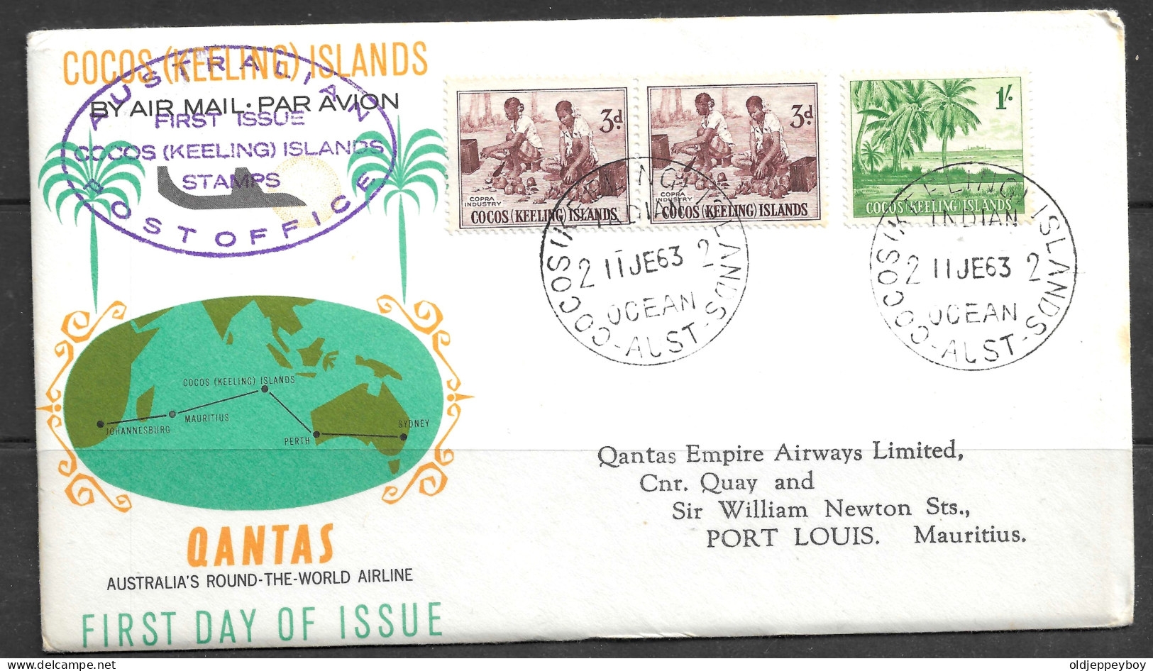 Cocos (Keeling) Islands 1963 Qantas Around The World Flight Cocos To Port Louis, Souvenir Cover - Cocos (Keeling) Islands