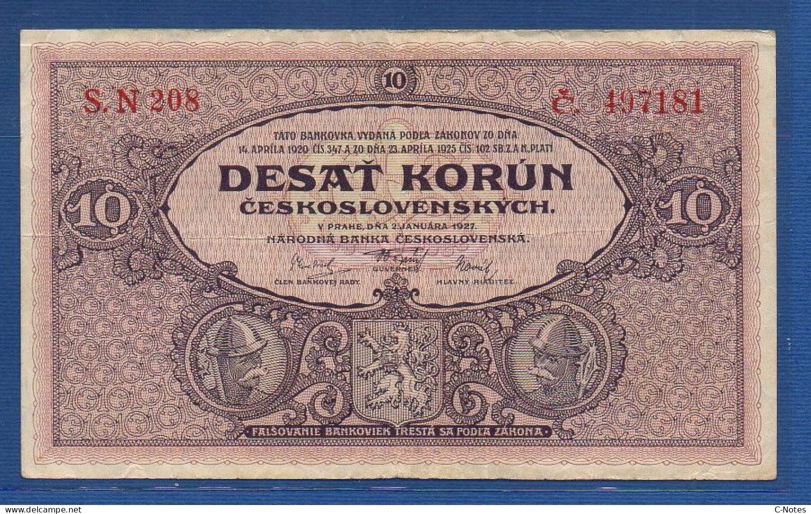 CZECHOSLOVAKIA - P.20a – 10 Korún Československých 1927 F/VF, S/n S.N208 497181 - Tschechoslowakei