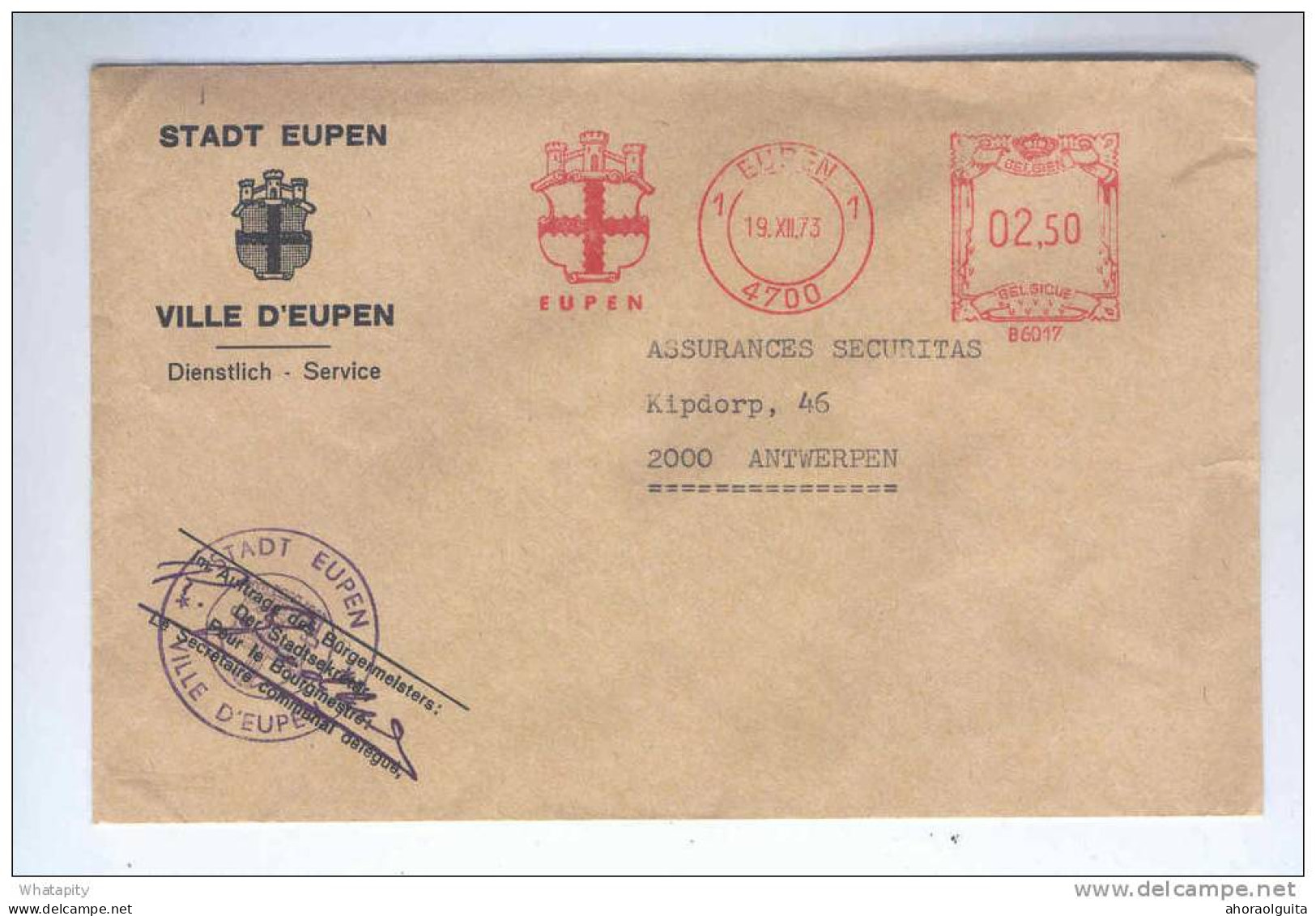 CANTONS DE L'EST Belges - Lettre Ville D'EUPEN - Affranchissement Mécanique 2 F 50 EUPEN 1973 Vers Anvers  --  LL415 - Autres & Non Classés