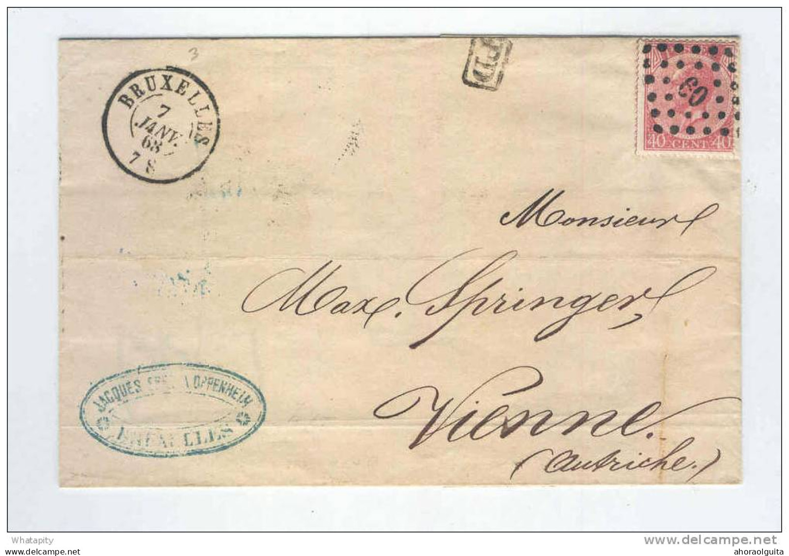 Lettre TP 20 Losange De Points 60 BRUXELLES 1868 Vers VIENNE Autriche - TARIF 40 C  -  DT330 - Grenzübergangsstellen