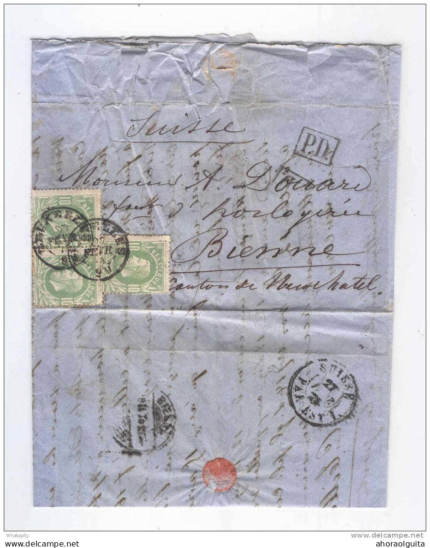 Lettre TP 30 X 3 DC  BRUXELLES 1873 Vers La Suisse - Cachet De Passage SUISSE PAR EST 1  --  LL161 - Transit Offices