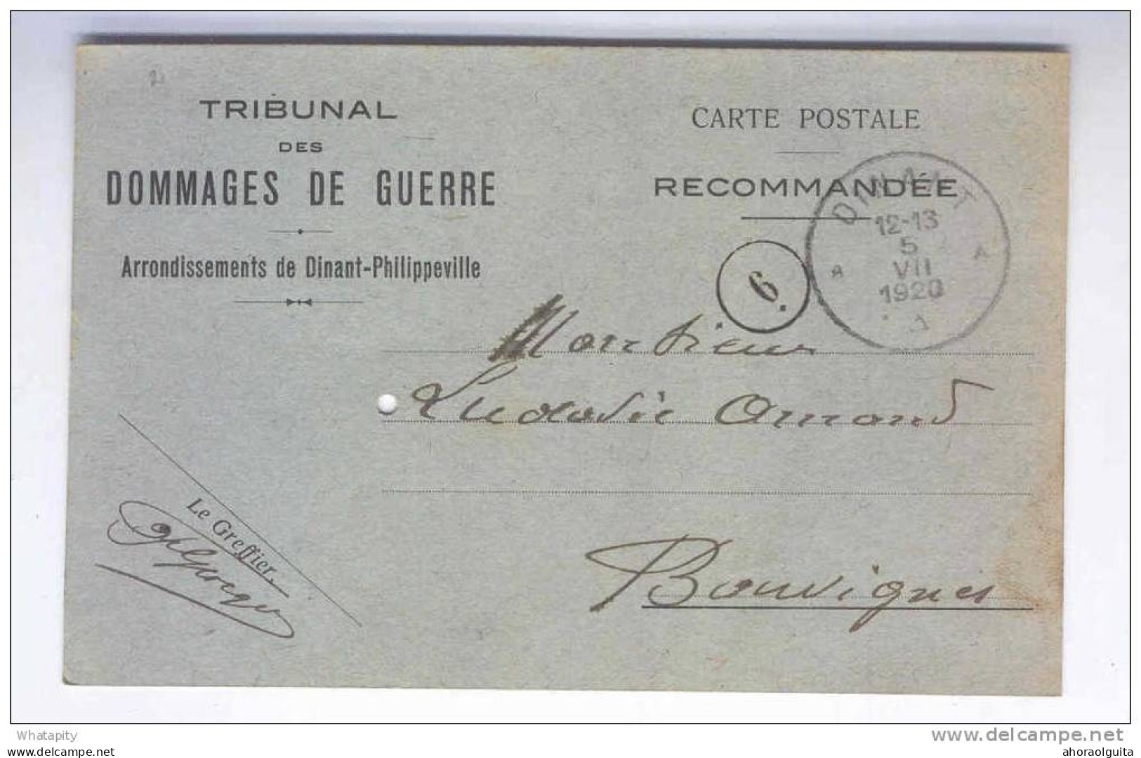 Carte De Service RECOMMANDEE En Franchise Totale DINANT 1920 Vers BOUVIGNES  --  LL141 - Zonder Portkosten