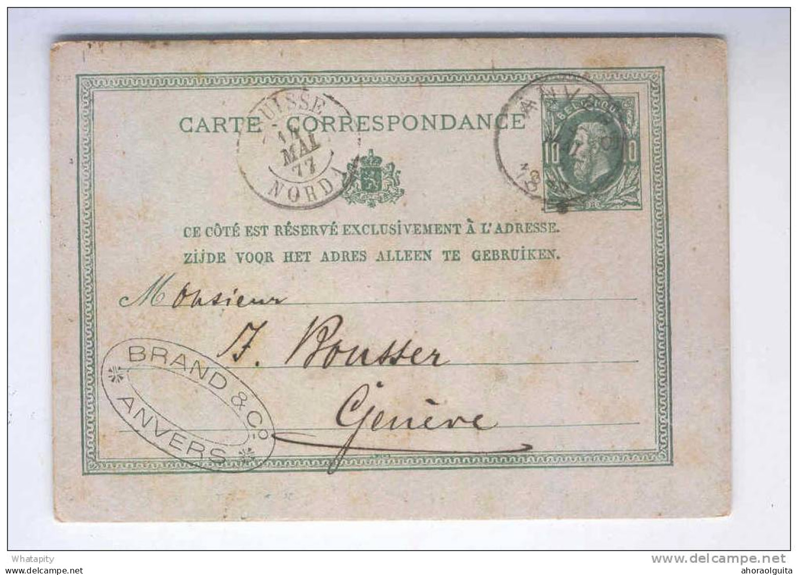 Entier Postal Type TP No 30 ANVERS 1877 Vers GENEVE - Cachet De Passage Double Cercle SUISSE NORD 1   --  LL116 - Bureaux De Passage