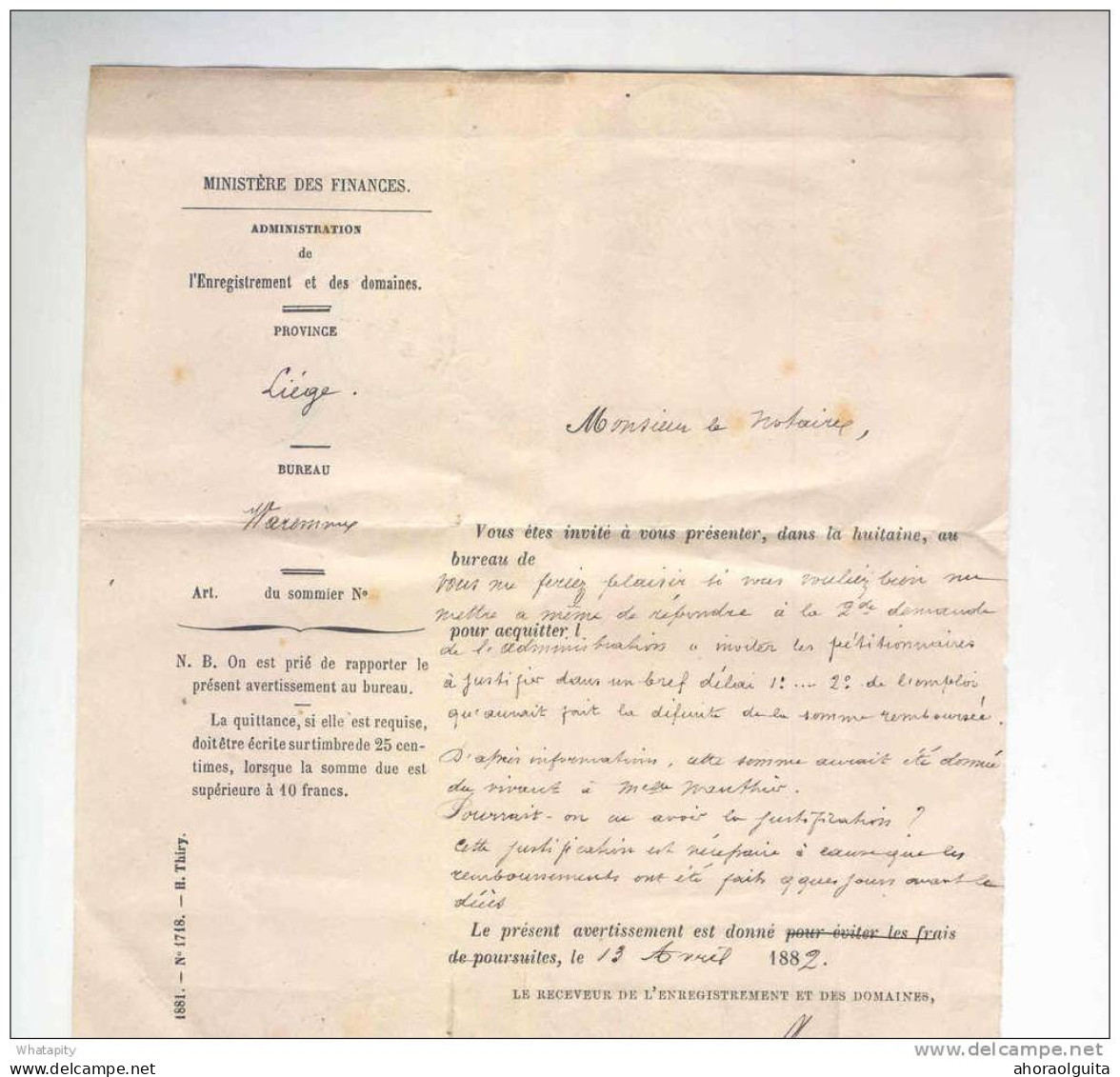 Lettre En Franchise De Port - WAREMME 1882 Vers Notaire à BERTREE AVERNAS Via HANNUT --  LL135 - Franchise