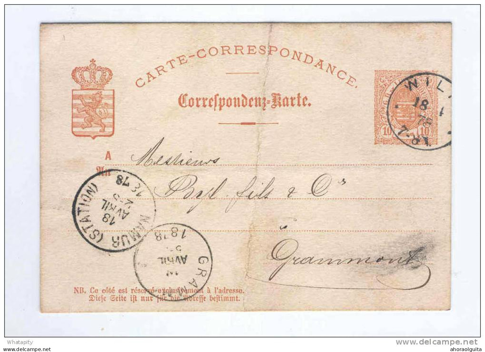 Entier Postal Du Luxembourg 1878 Vers GRAMMONT - RARE Cachet De Transit  NAMUR STATION  --  LL120 - Grenzübergangsstellen