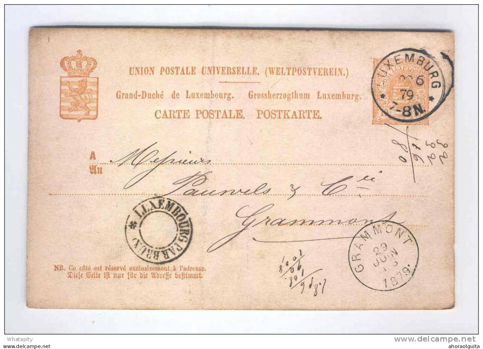 Entier Postal Du Luxembourg 1879 Vers GRAMMONT - Cachet De Passage LUXEMBOURG PAR BRUX - Centre Vide  --  LL118 - Transit Offices