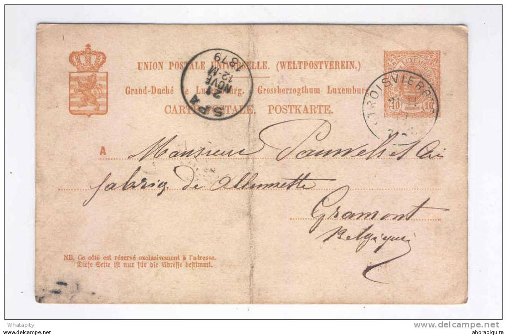 Entier Postal Du Luxembourg 1879 Vers GRAMMONT - TRES RARE Cachet De Transit  SPA  --  LL121 - Doorgangstempels