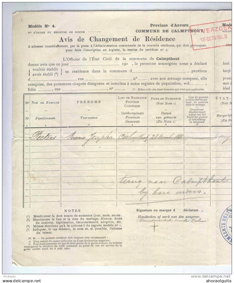 Lettre En Franchise - Changement De Résidence ANVERS Vers CALMPTHOUT 1905  --  LL138 - Zonder Portkosten