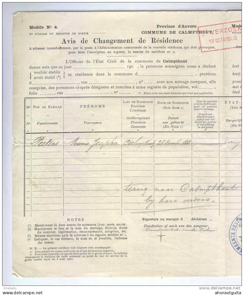 Lettre En Franchise - Changement De Résidence ANVERS Vers CALMPTHOUT 1905  --  LL138 - Franchise