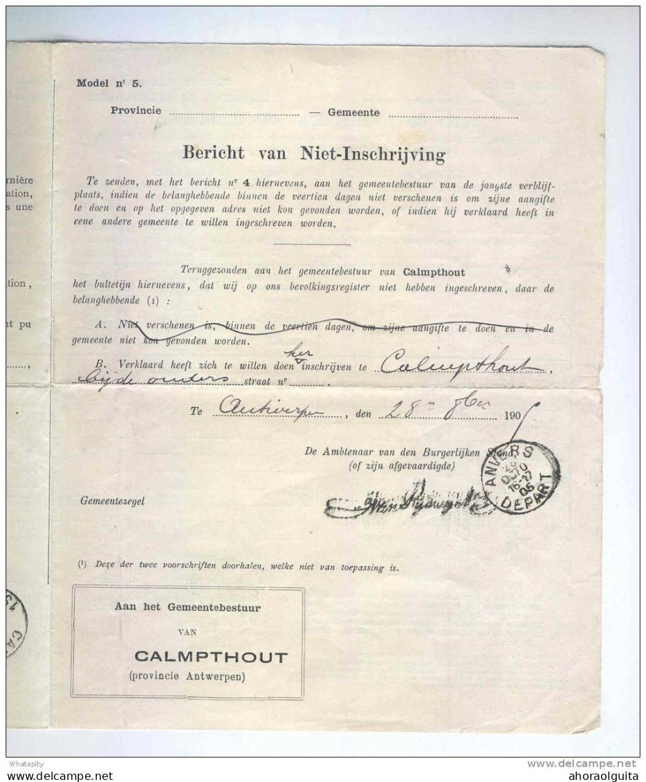 Lettre En Franchise - Changement De Résidence ANVERS Vers CALMPTHOUT 1905  --  LL138 - Portofreiheit