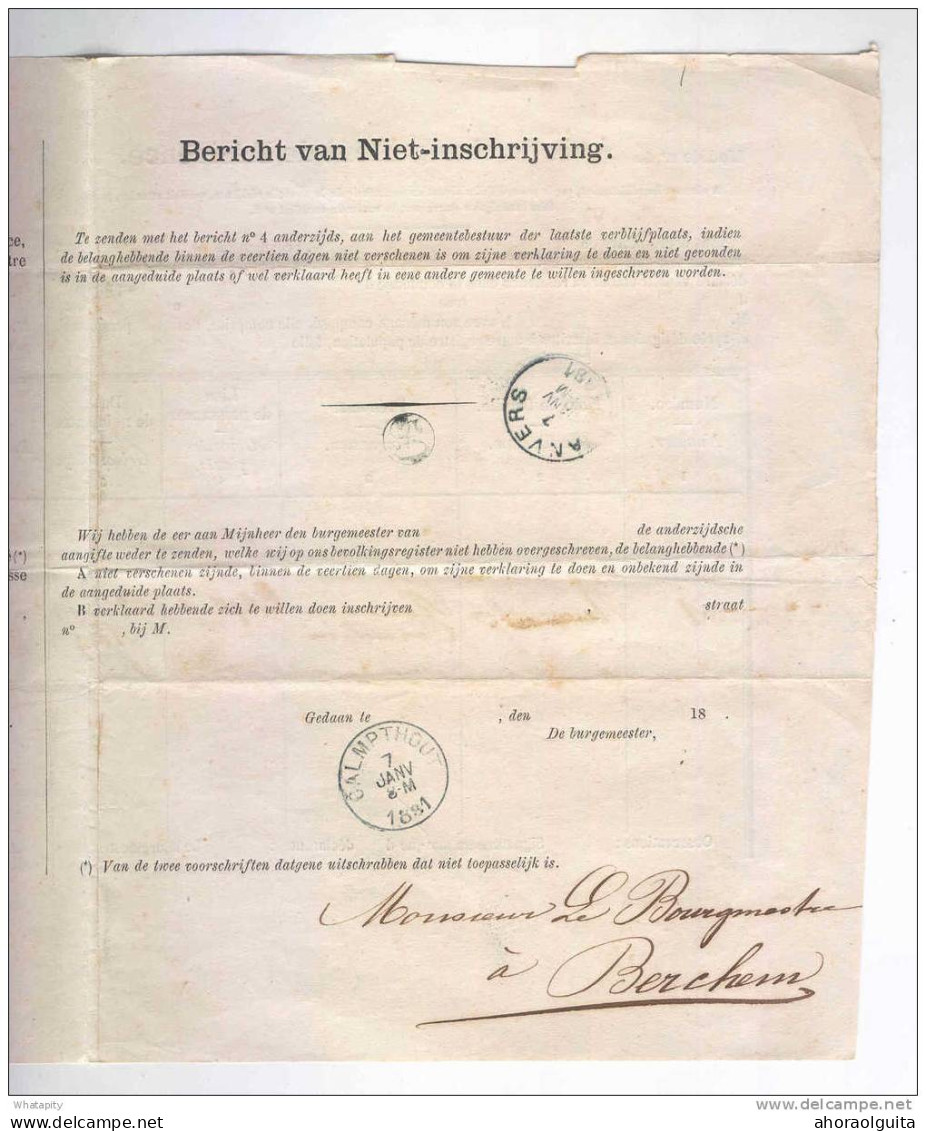 Lettre En Franchise - Changement De Résidence CALMPTHOUT 1881 Vers BERCHEM --  LL137 - Franchise