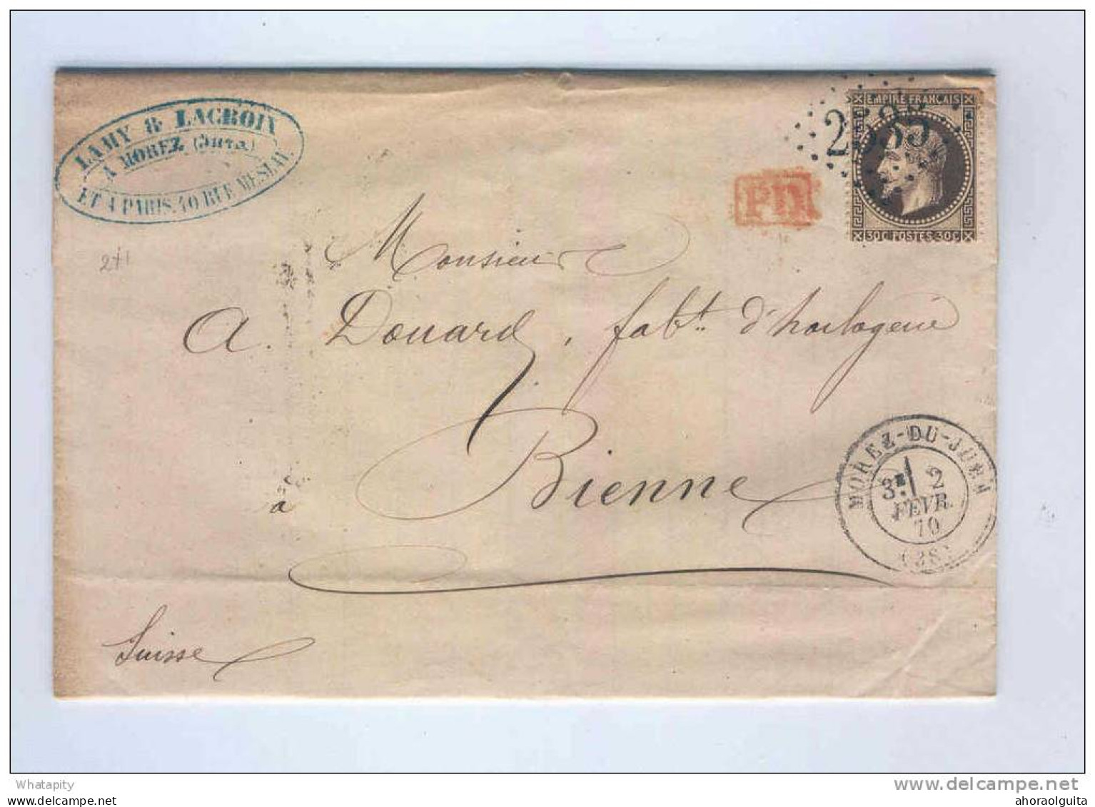HORLOGERIE SUISSE / FRANCE - Archive Douard à BIENNE - MOREZ DU JURA 1870 -  TB  Entete Lamy Et Lacroix --  LL016 - Uhrmacherei