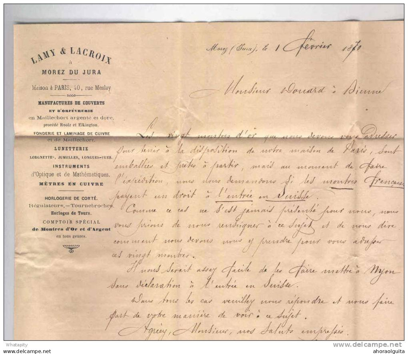 HORLOGERIE SUISSE / FRANCE - Archive Douard à BIENNE - MOREZ DU JURA 1870 -  TB  Entete Lamy Et Lacroix --  LL016 - Horlogerie