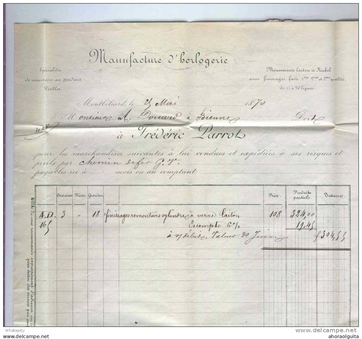 HORLOGERIE SUISSE / FRANCE - Archive Douard à BIENNE -  MONTBELIARD 1870  -  TB Entete  F. Parrot --  LL011 - Orologeria