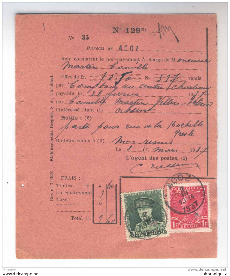 Document Postal - Protet Rose TP  Képi 5 F Et Col Fermé 1 F ACOZ 1937 --  KK909 - 1931-1934 Chepi