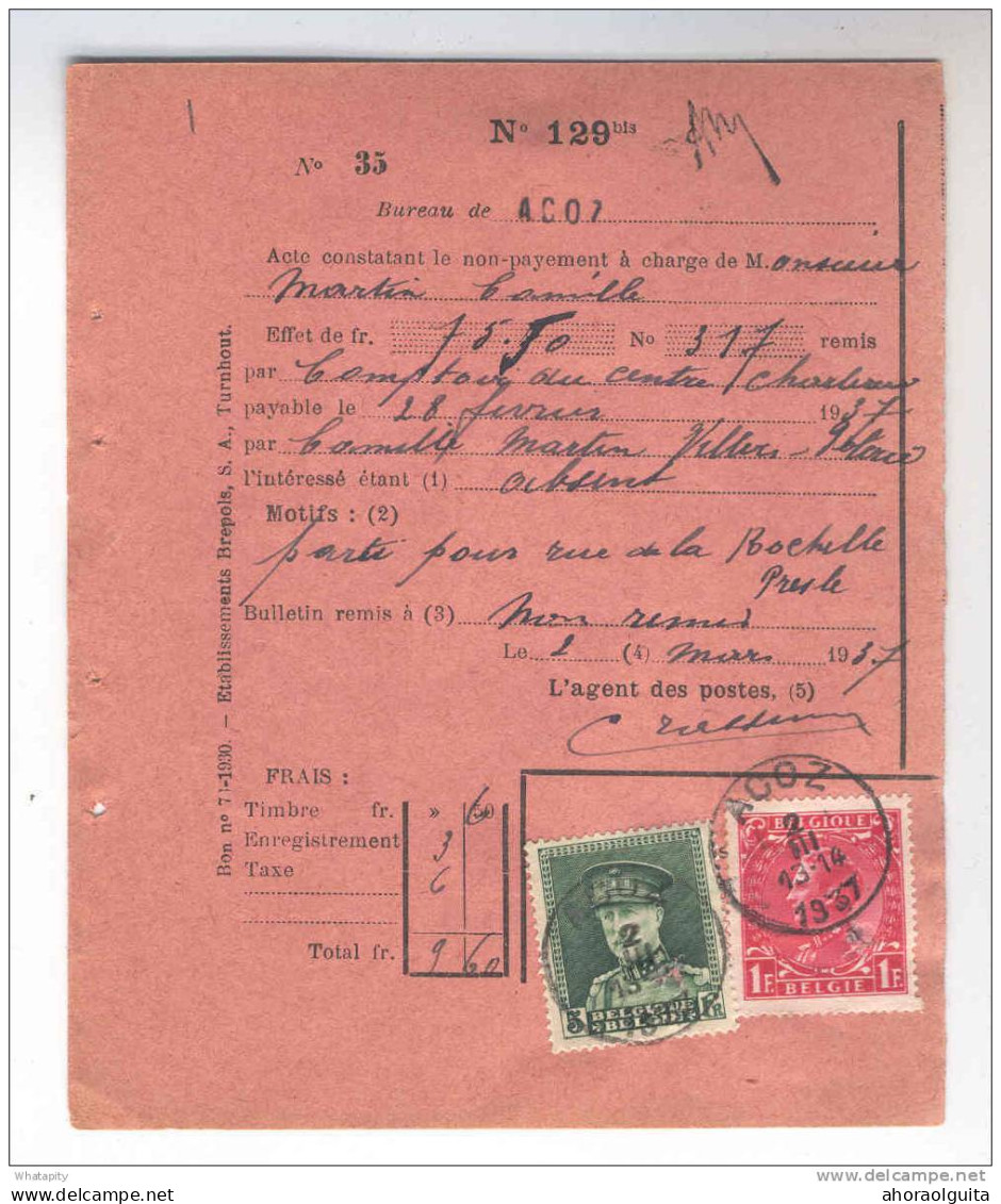 Document Postal - Protet Rose TP  Képi 5 F Et Col Fermé 1 F ACOZ 1937 --  KK909 - 1931-1934 Quepis
