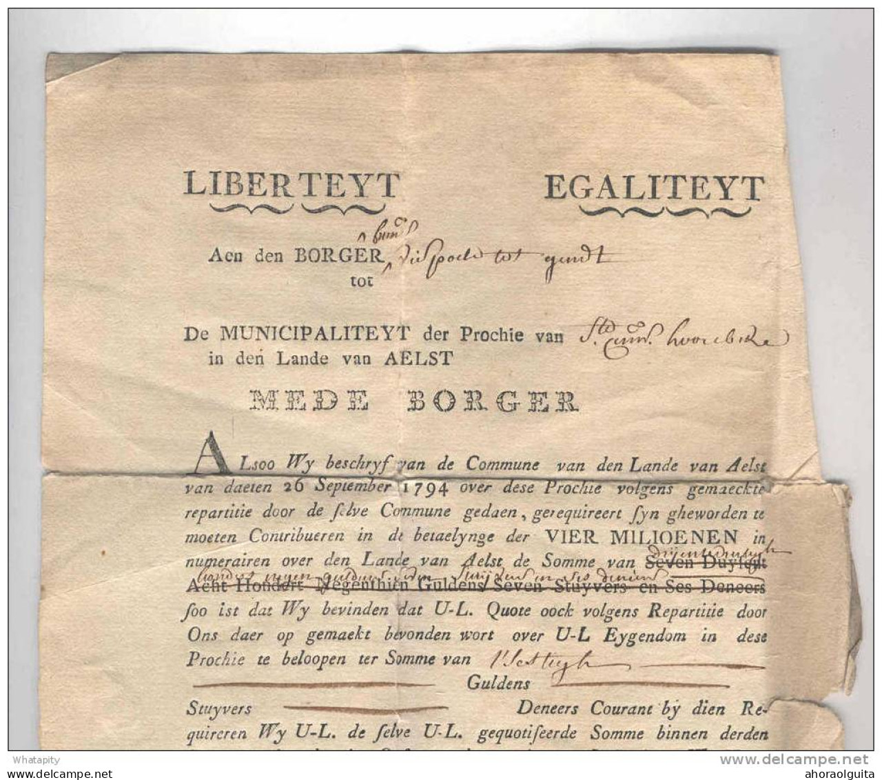 Lettre Précurseur SINT CORNEELIS HOOREBEKE Bij AUDENAARDE 1794 Vers GAND - Taxation 1 Sol   --  KK920 - 1794-1814 (Période Française)