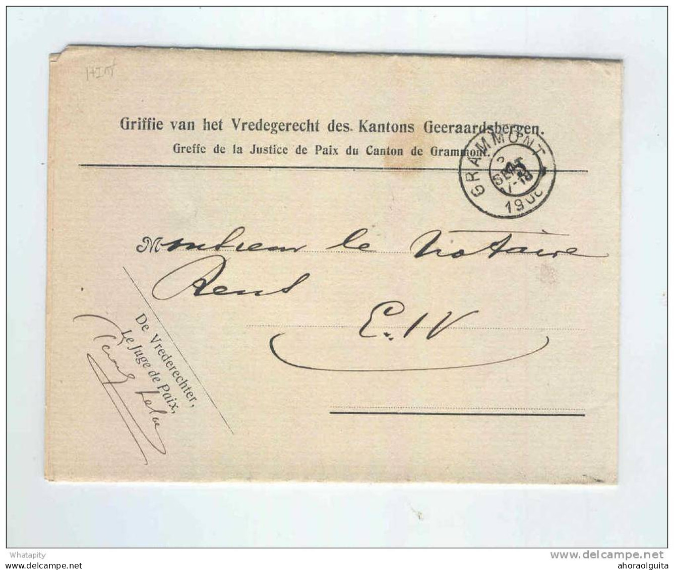 Lettre En Franchise - Justice De Paix De GRAMMONT 1906 Vers Le Notaire Rens  --  KK720 - Zonder Portkosten