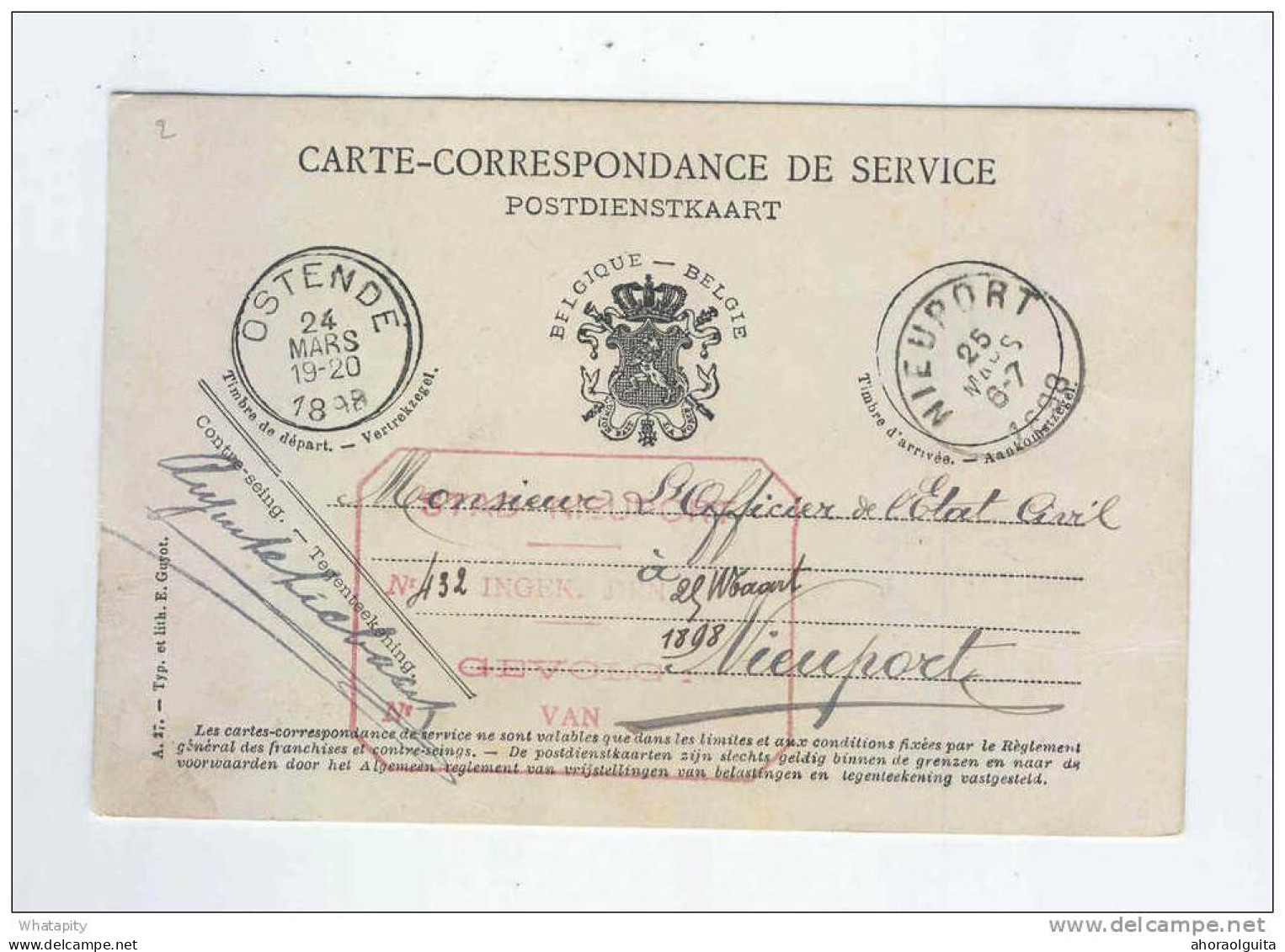 Carte De Service Officier Etat-Civil OSTENDE 1898 Vers Son Collégue De NIEUPORT  --  KK719 - Zonder Portkosten