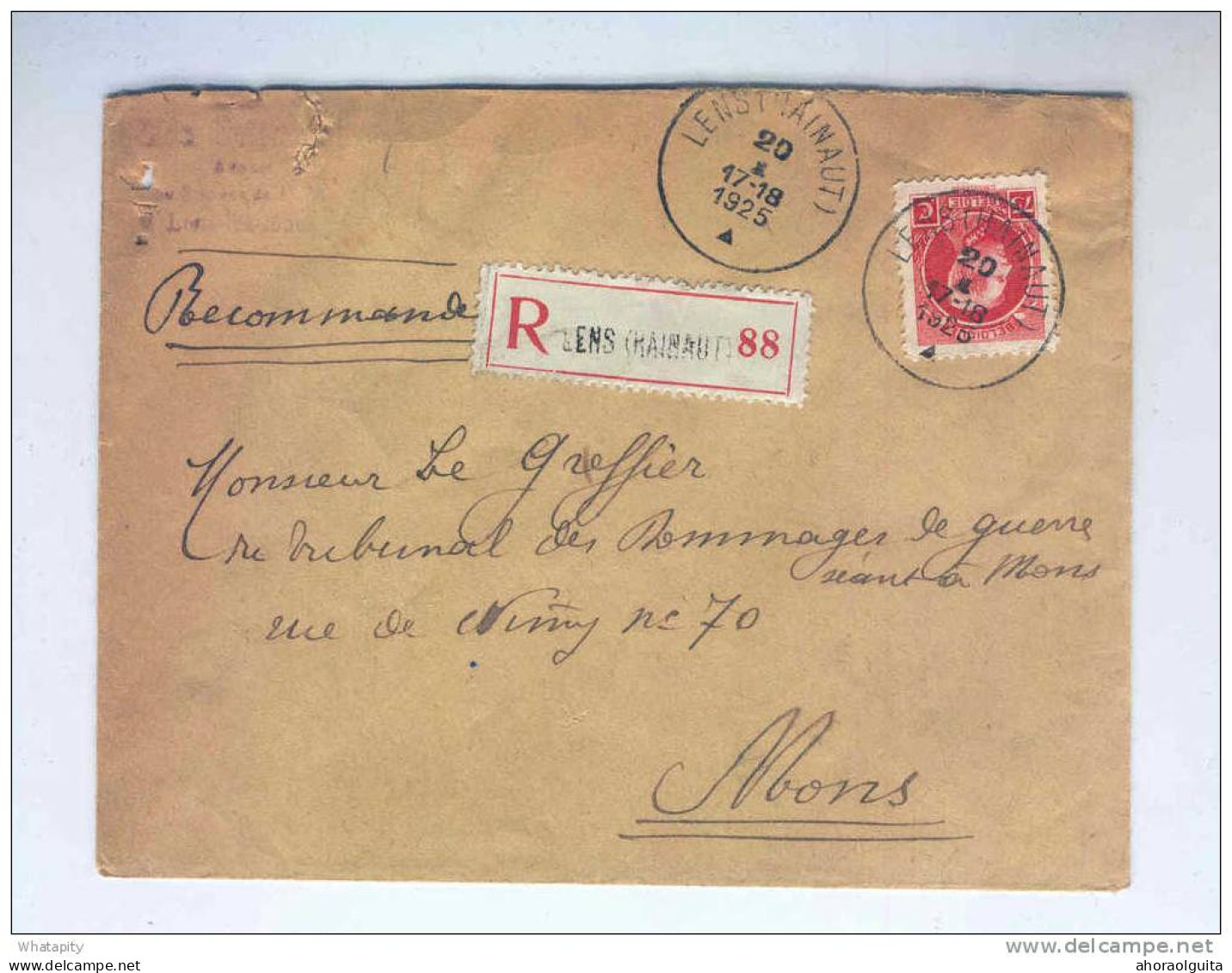 Lettre RECOMMANDEE TP Petit Montenez LENS HAINAUT 1925 Vers MONS   --  KK505 - 1921-1925 Small Montenez