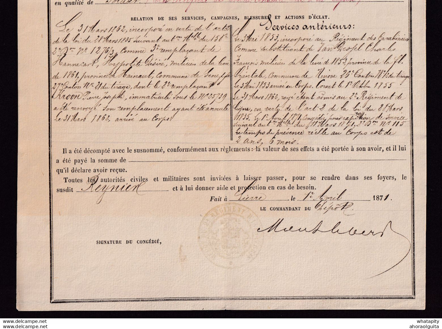 DDDD 575 --  CERTIFICAT à Lierre 1871 - CONGE DEFINITIF - 2è Régiment De Ligne - Soldat Reynier Né à NINOVE - Brieven En Documenten