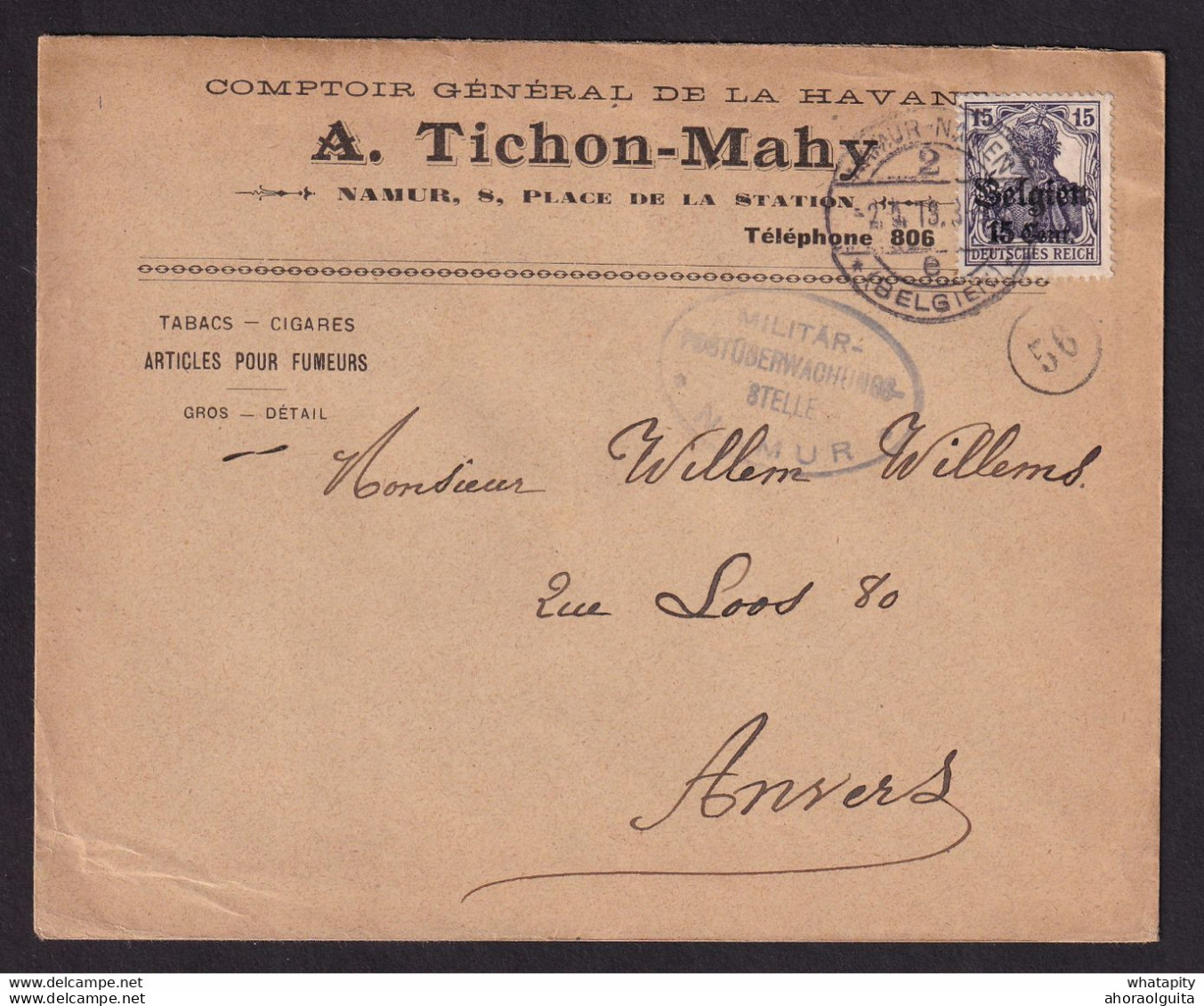 DDDD 539 --  Enveloppe TP Germania NAMUR 1918 - Entete Tabacs, Cigares - Comptoir De La Havane , A.Tichon-Mahy - Tabak