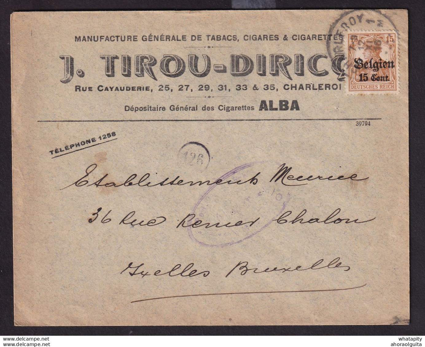 DDDD 536 --  Enveloppe TP Germania CHARLEROY 1916 - Entete Fabrique De Tabacs, Cigares, Cigarettes ALBA, J. Tirou-Diricq - Tobacco