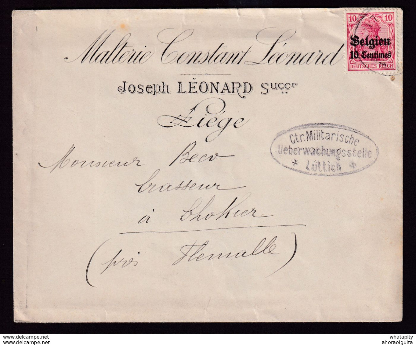 DDDD 532 --  Enveloppe TP Germania LIEGE 1915 Vers Brasseur à FLEMALLE - Entete Malterie Constant Léonard - Censure - Beers