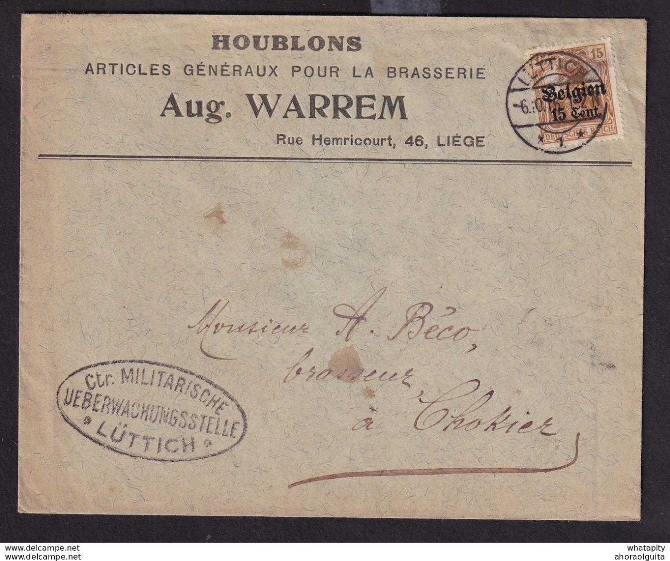 DDDD 530 --  Enveloppe TP Germania LUTTICH 1916 Vers FLEMALLE - Entete Houblons Aug.Warem , Articles Pour Brasserie - Bier