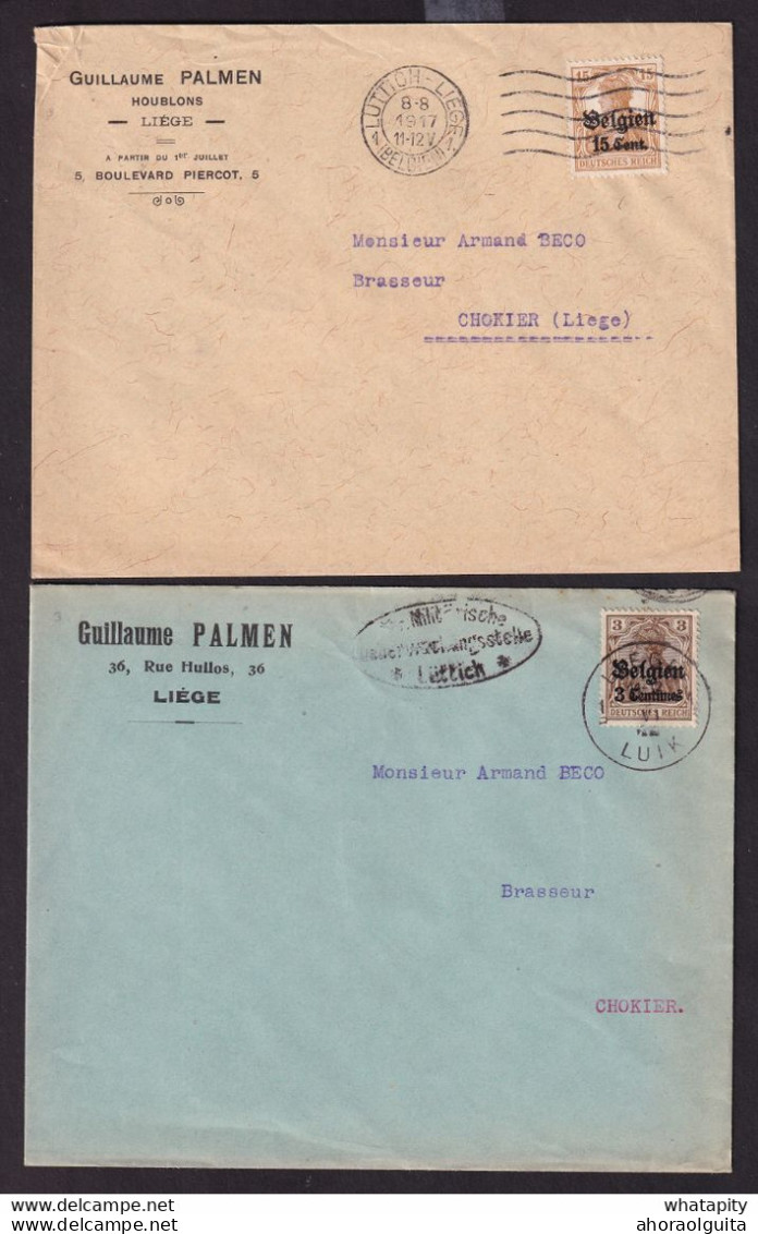 DDDD 531 --  2 X Enveloppe TP Germania LIEGE 1915/17 Vers Brasseur à FLEMALLE - Entetes Houblons Guillaume Palmen - Bier