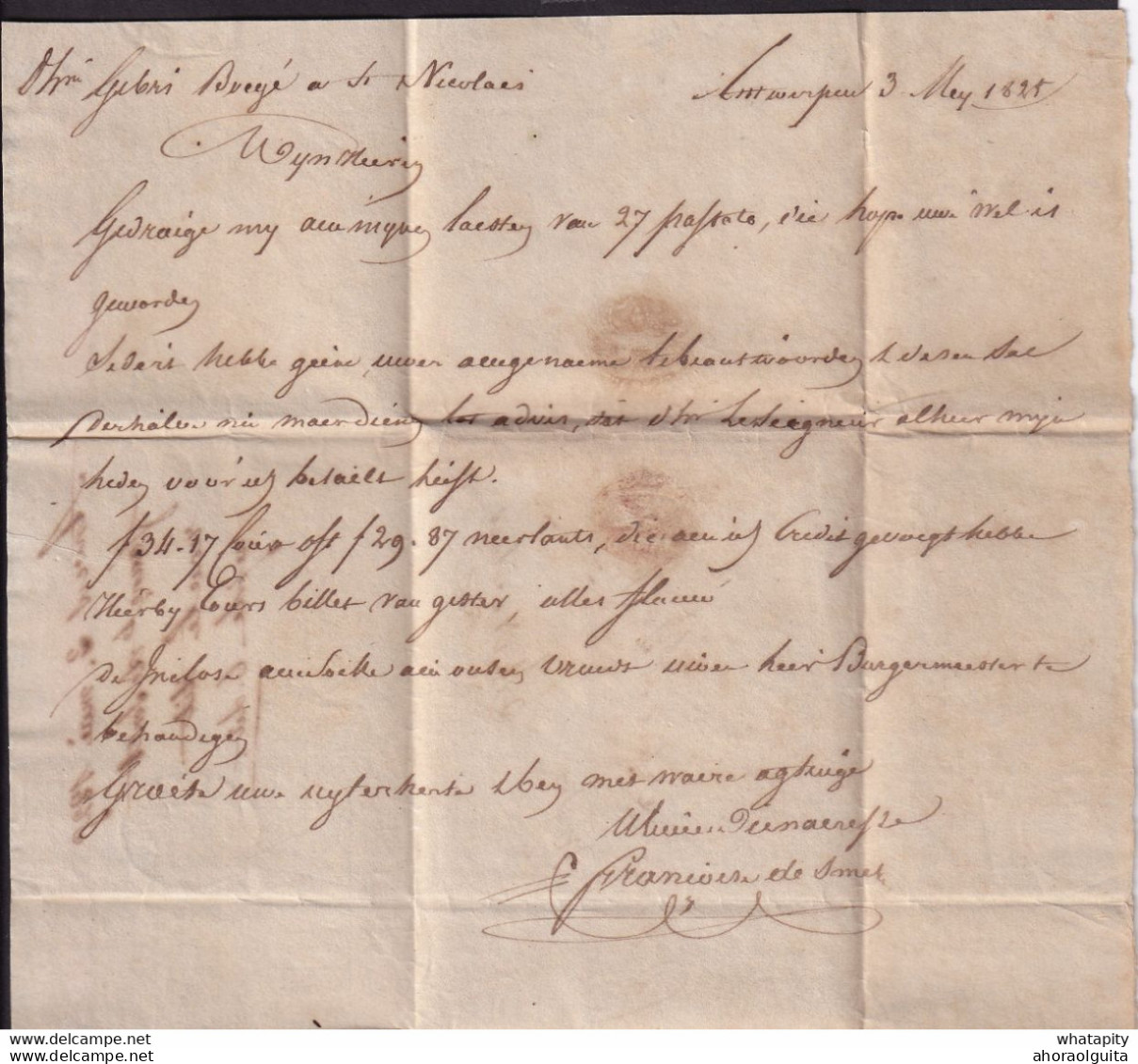 DDDD 523 --  Lettre Hors Poste ANVERS 1825 Vers ST NICOLAS Par Messager - Port 2 Décimes à La Craie Rouge - 1815-1830 (Hollandse Tijd)