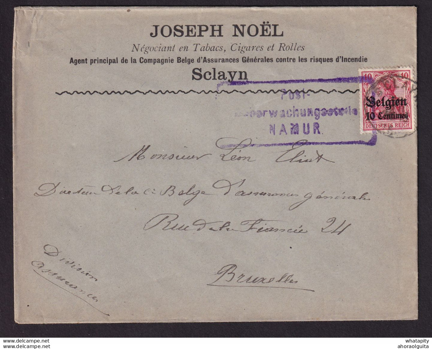 DDDD 537 --  Enveloppe TP Germania SCLAYN - Entete Joseph Noel , Négociant En Tabacs, Cigares,.. Censure NAMUR - Tobacco