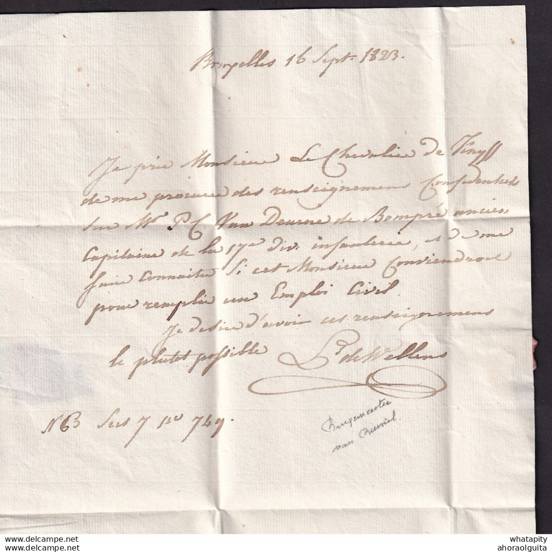 DDDD 525 --  Lettre Hors Poste BRUXELLES 1823 En Ville - Signée De Wellens , Bourgmestre De Bruxelles - 1815-1830 (Période Hollandaise)