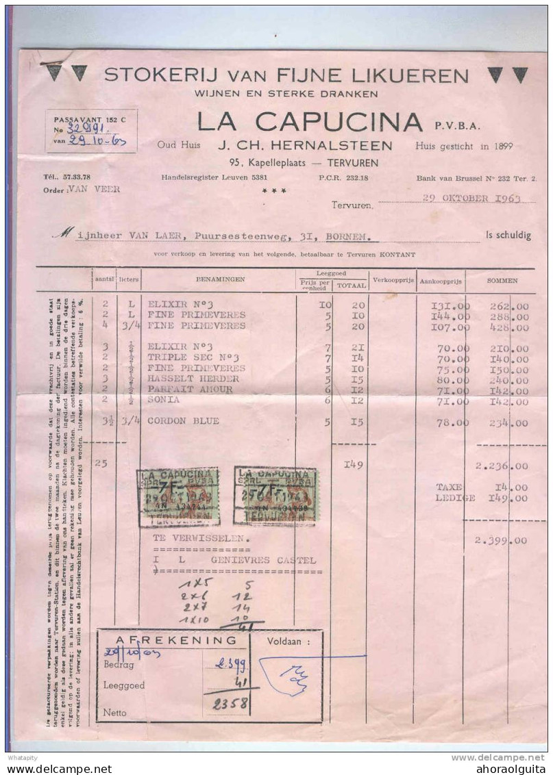 BELGIQUE - Facture Et Document Douanier La Capucina TERVUEREN 1963 - 2 Timbres Fiscaux Belges Pour 14 F    --  LL439 - Vins & Alcools