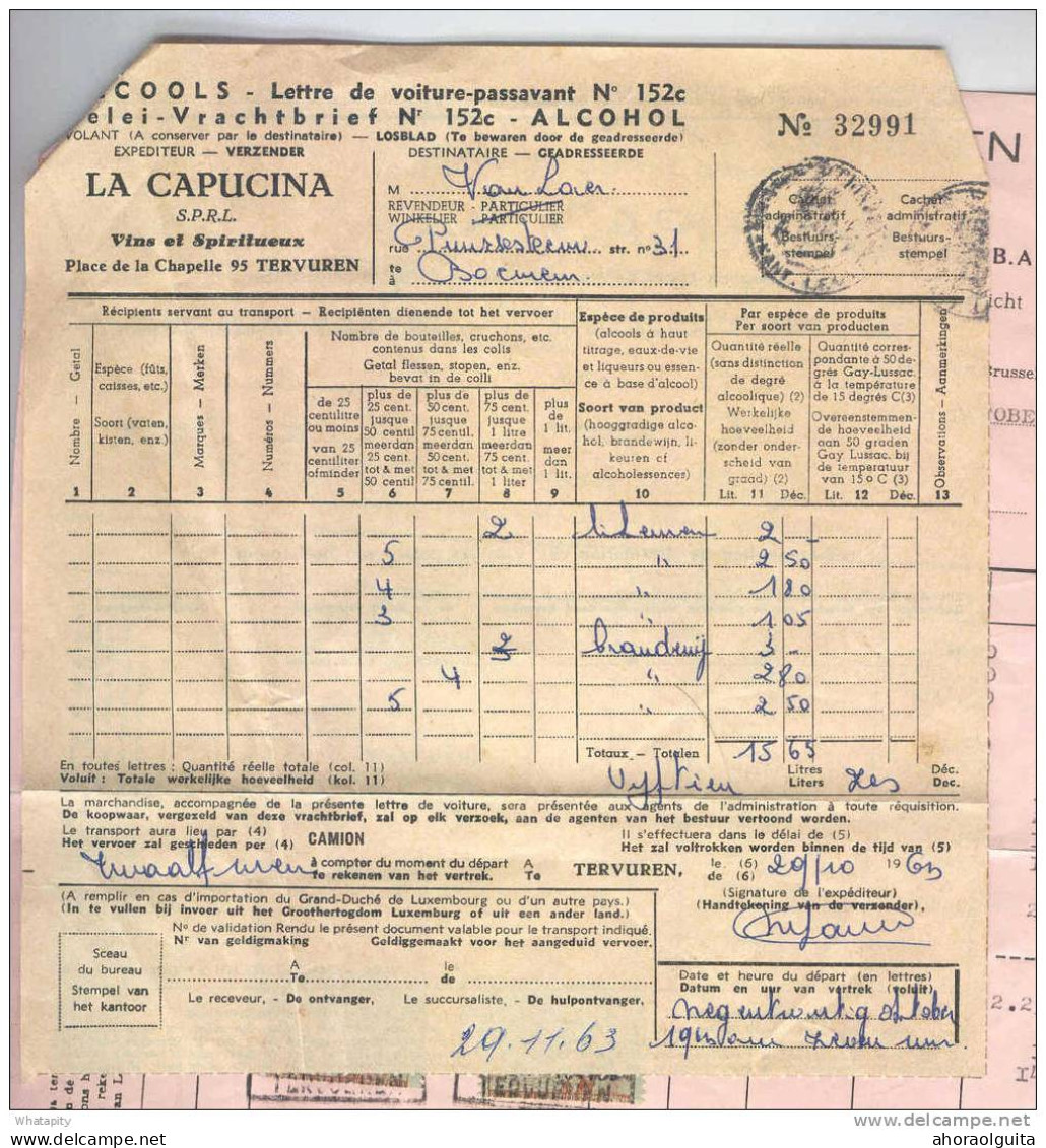 BELGIQUE - Facture Et Document Douanier La Capucina TERVUEREN 1963 - 2 Timbres Fiscaux Belges Pour 14 F    --  LL439 - Vins & Alcools