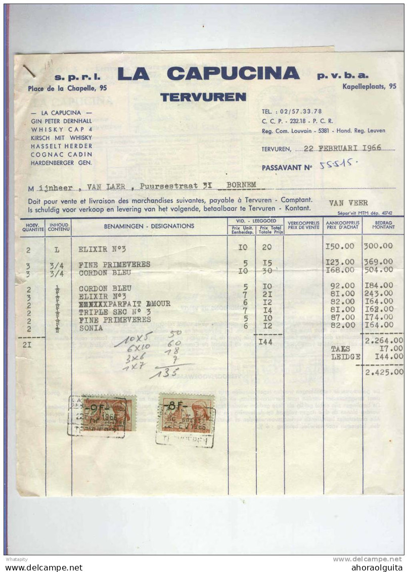 BELGIQUE - Facture Et Document Douanier La Capucina TERVUEREN 1966 - Timbres Fiscaux Belges Pour 17 F    --  LL438 - Vins & Alcools