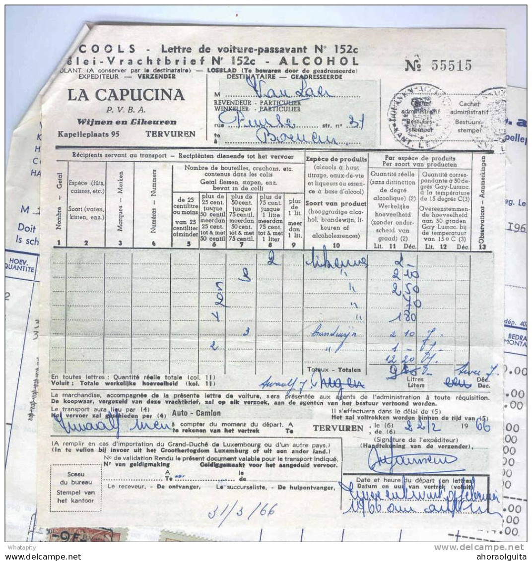 BELGIQUE - Facture Et Document Douanier La Capucina TERVUEREN 1966 - Timbres Fiscaux Belges Pour 17 F    --  LL438 - Vins & Alcools