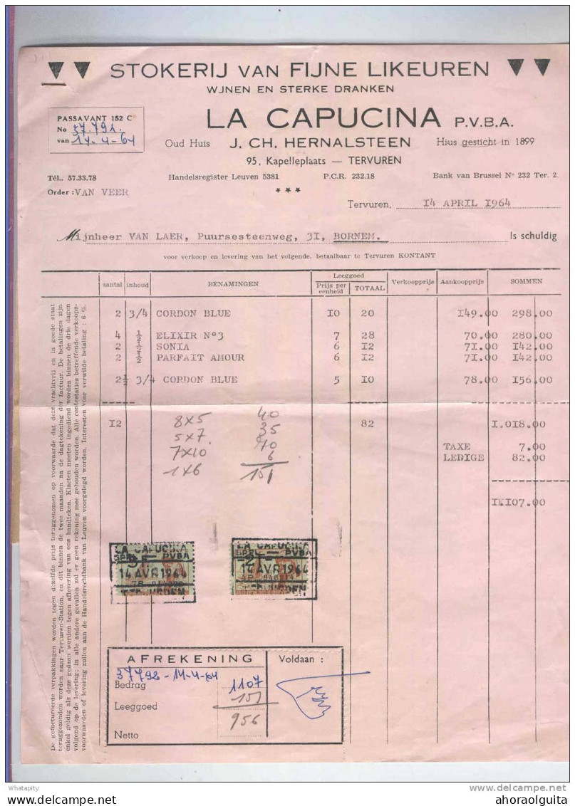 BELGIQUE - Facture Et Document Douanier La Capucina TERVUEREN 1964 - 2 Timbres Fiscaux Belges Pour 7 F  --  LL441 - Vins & Alcools