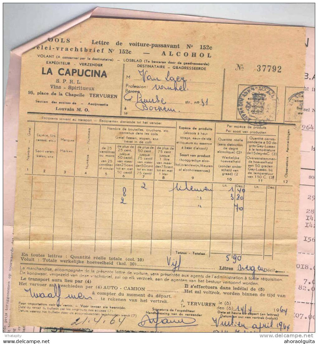 BELGIQUE - Facture Et Document Douanier La Capucina TERVUEREN 1964 - 2 Timbres Fiscaux Belges Pour 7 F  --  LL441 - Vins & Alcools
